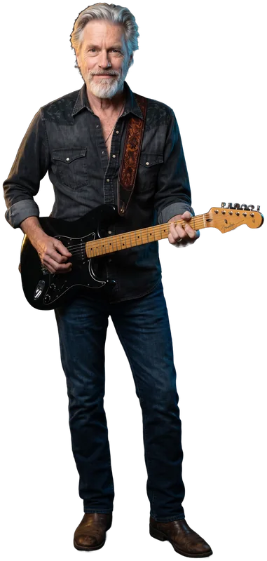 Adam HIL, full body, smiling, his black electric guitar on a leather strap.