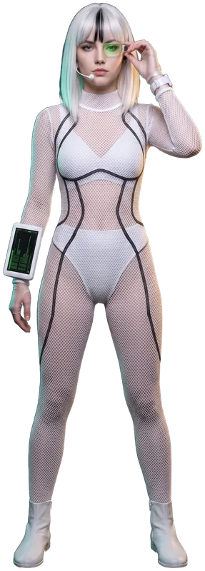 Vetkis, full body in the white mesh suit, one hand at the green monocle, the white deck on her left forearm.