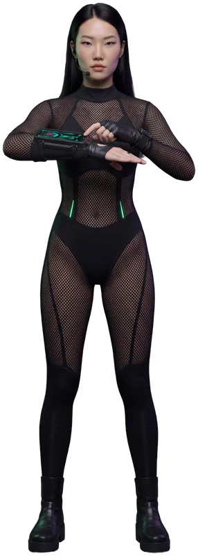Yuna, full body in the black mesh suit, tapping the black deck on her left forearm.