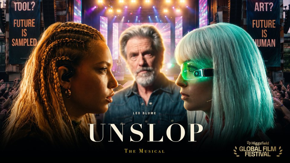 Horizontal poster: Ro-AN, with braided hair, and Vetkis, white hair and a glowing green monocle, face each other; Adam HIL stands between them before a lit festival stage. Lettering reads LEO BLUME, UNSLOP, The Musical, with the Higgsfield Global Film Festival logo.