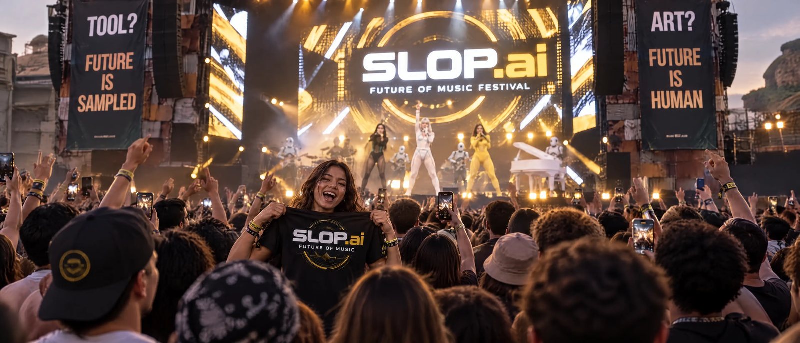 A fan in the crowd holds up a SLOP.ai — Future of Music T-shirt while the band plays behind her.