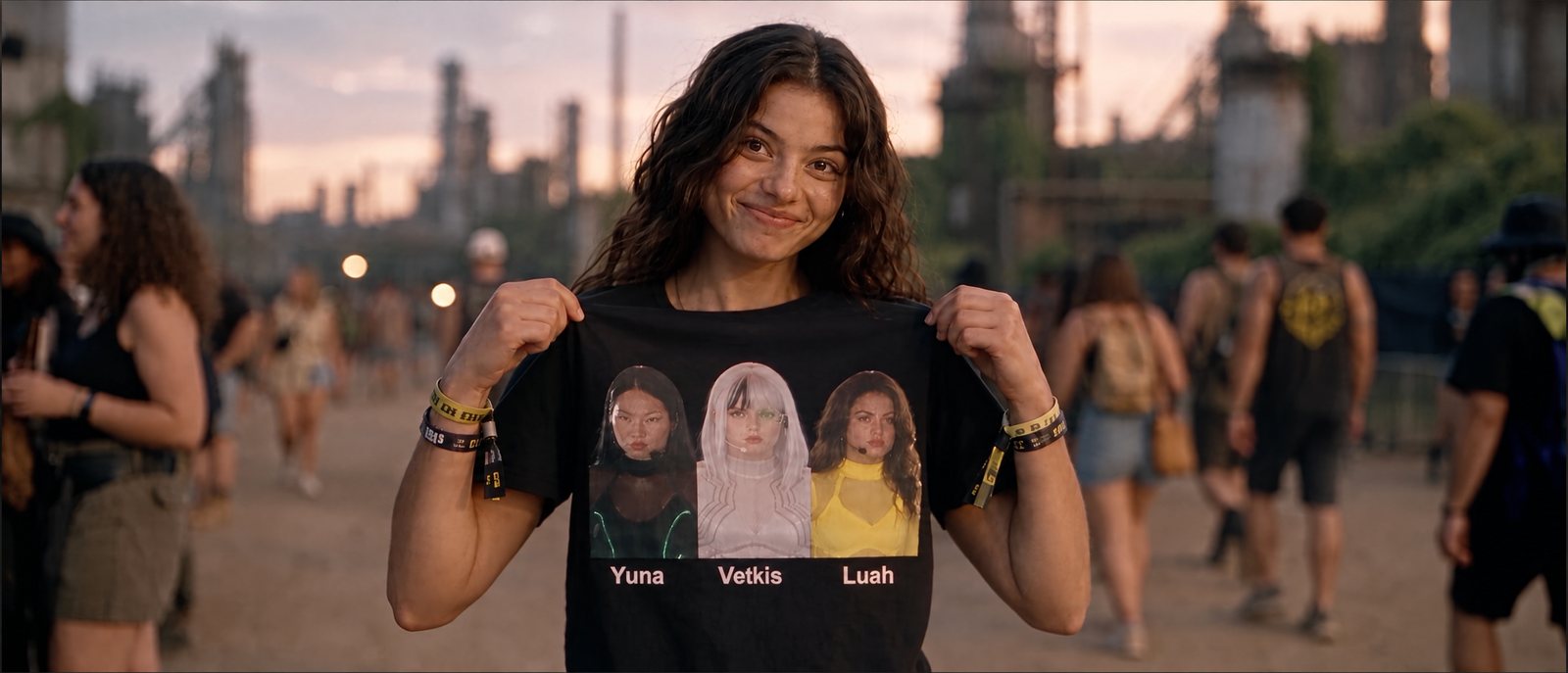 A festival-goer shows a T-shirt printed with Yuna, Vetkis and Luah, named under each portrait.