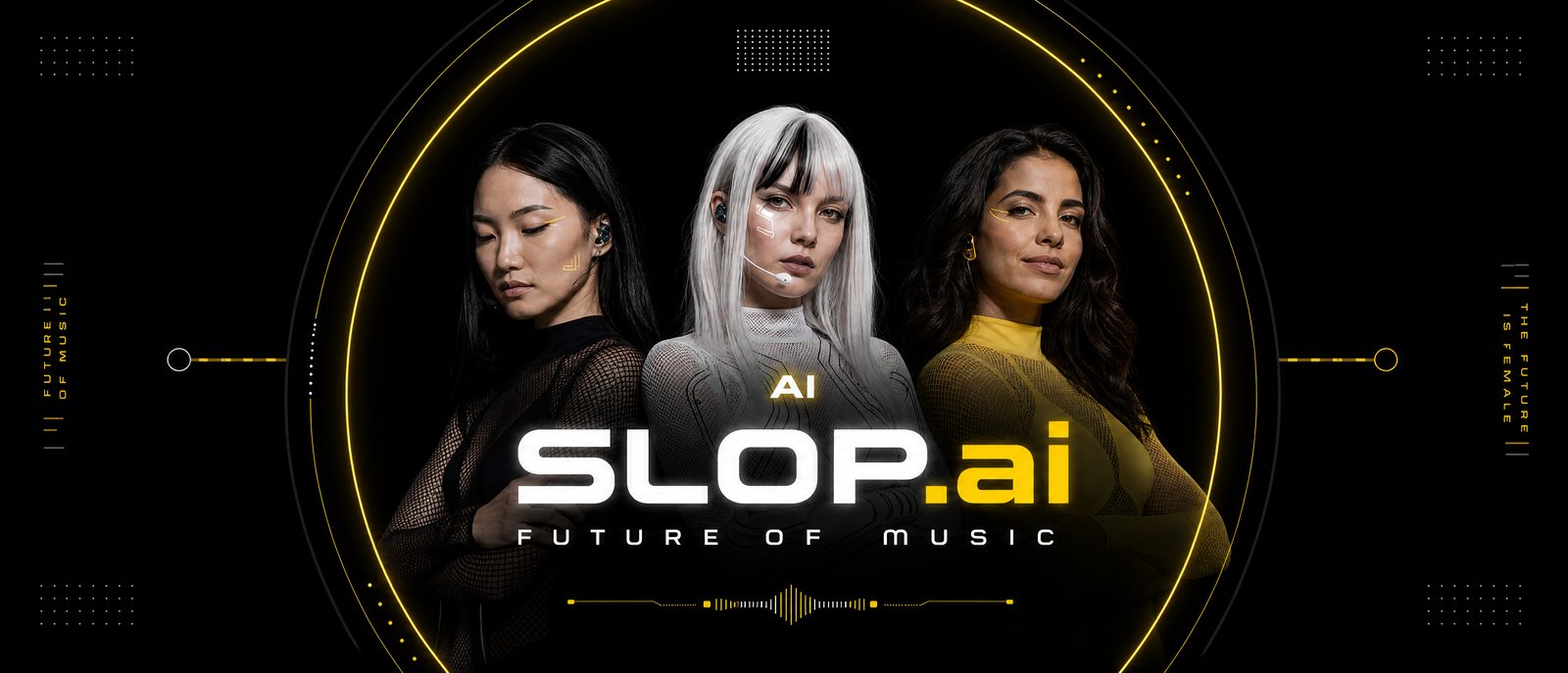 SLOP.ai band key art: Yuna, Vetkis and Luah inside a yellow ring, SLOP.ai — Future of Music.