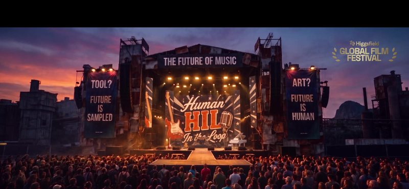 The Cyvora stage at dusk: the screen reads HUMAN HIL IN THE LOOP in red and gold lettering with a guitar and a microphone, above the crowd, under THE FUTURE OF MUSIC.